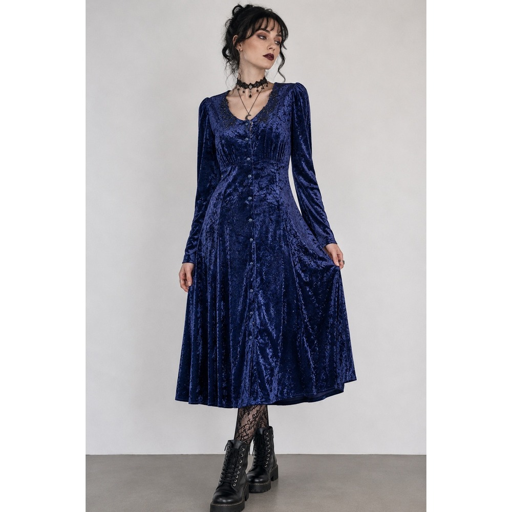 Whimsigoth Blue Crushed Velvet Midi Dress US 6 Beaded Witchy Goth